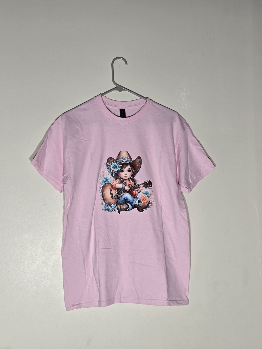 Pink Short Sleeve Graphic Tee with Cowgirl Guitar Art